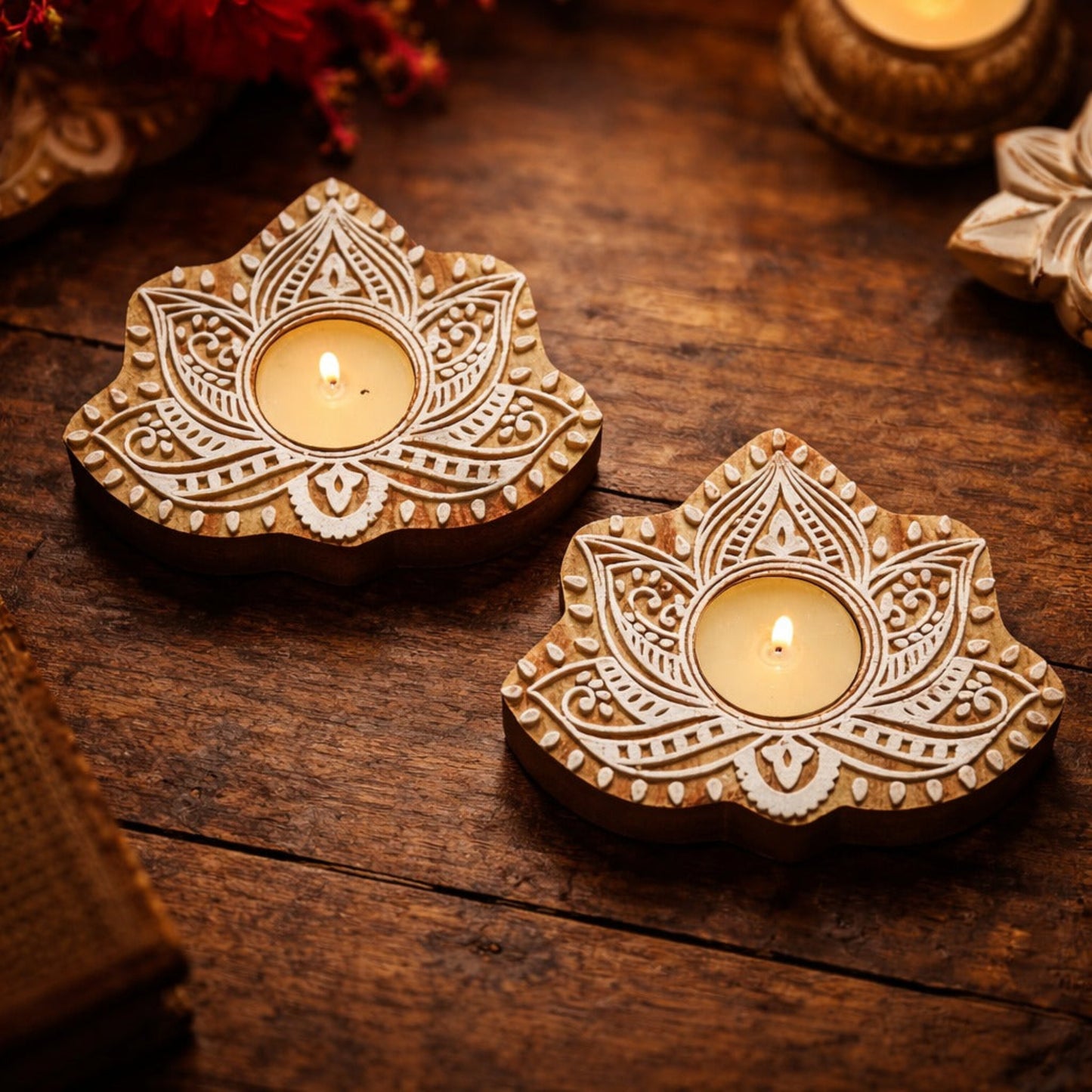 Lotus-Shaped Wooden Tea Light Candle Holder