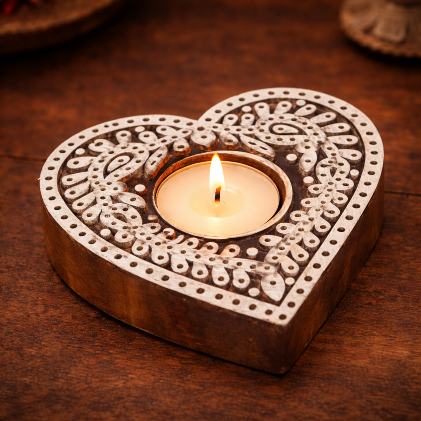 Heart-Shaped Wooden Tea Light Candle Holder
