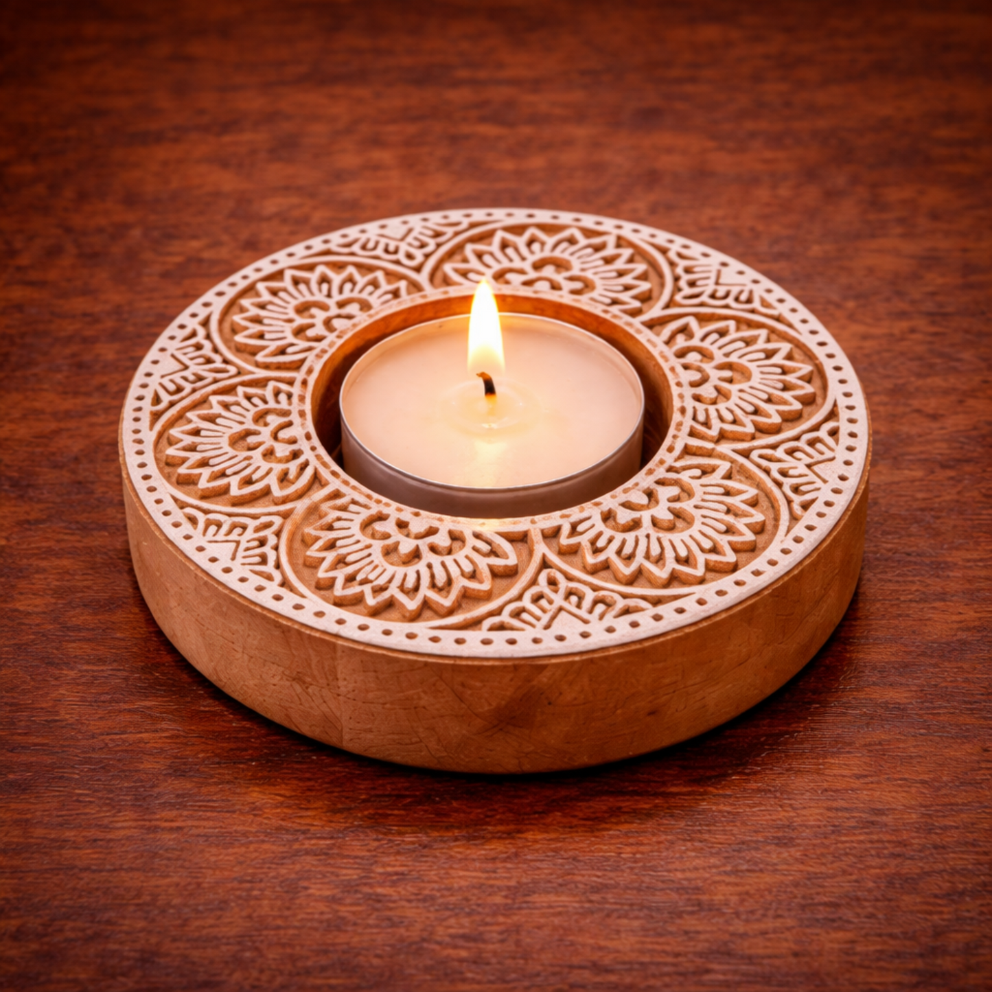 Round Wooden Tea Light Candle Holder