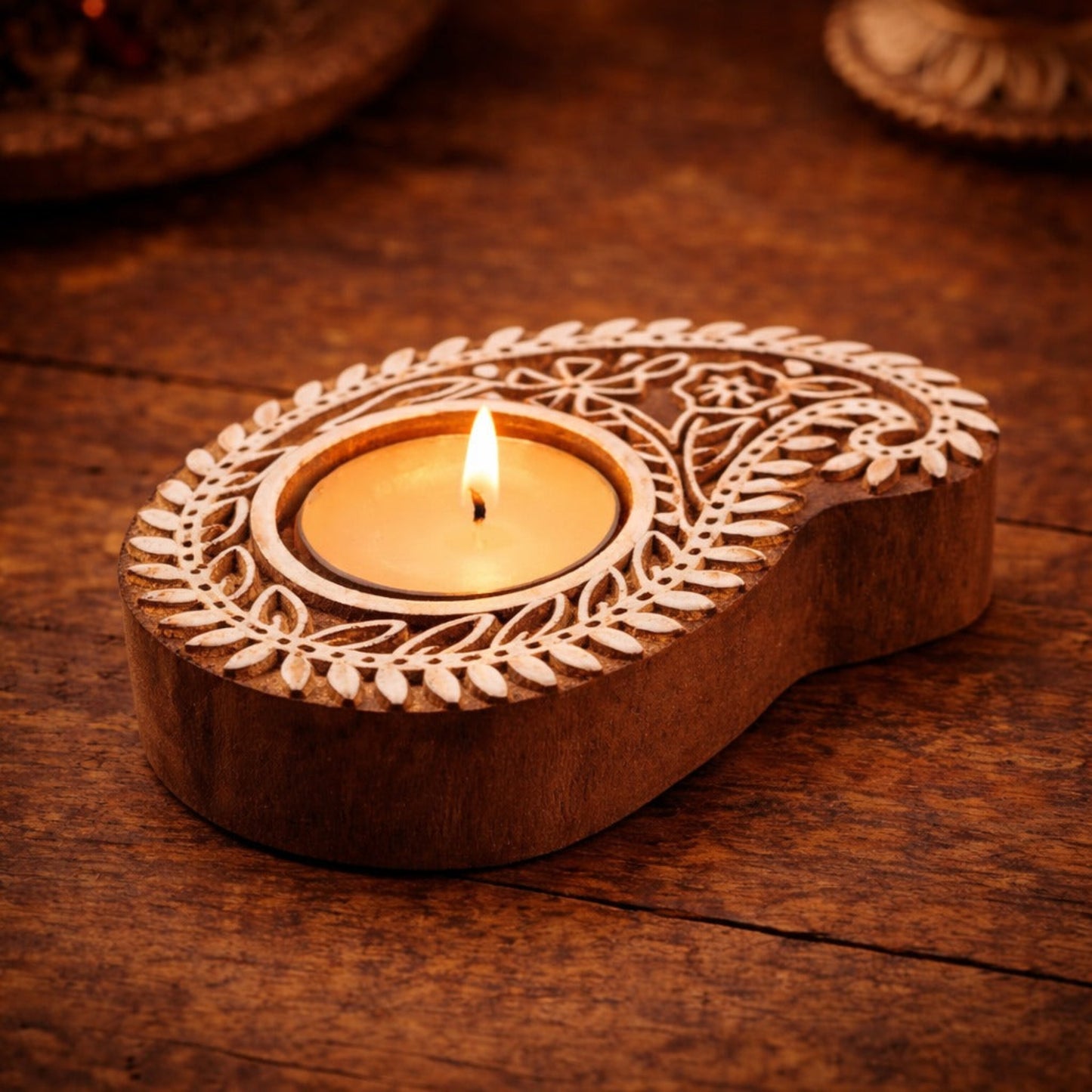 Mango-Shaped Wooden Tea Light Candle Holder