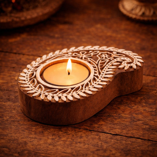 Mango-Shaped Wooden Tea Light Candle Holder
